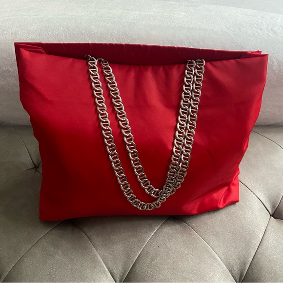 Authentic PRADA large red nylon tote with chain strap - Picture 1 of 17